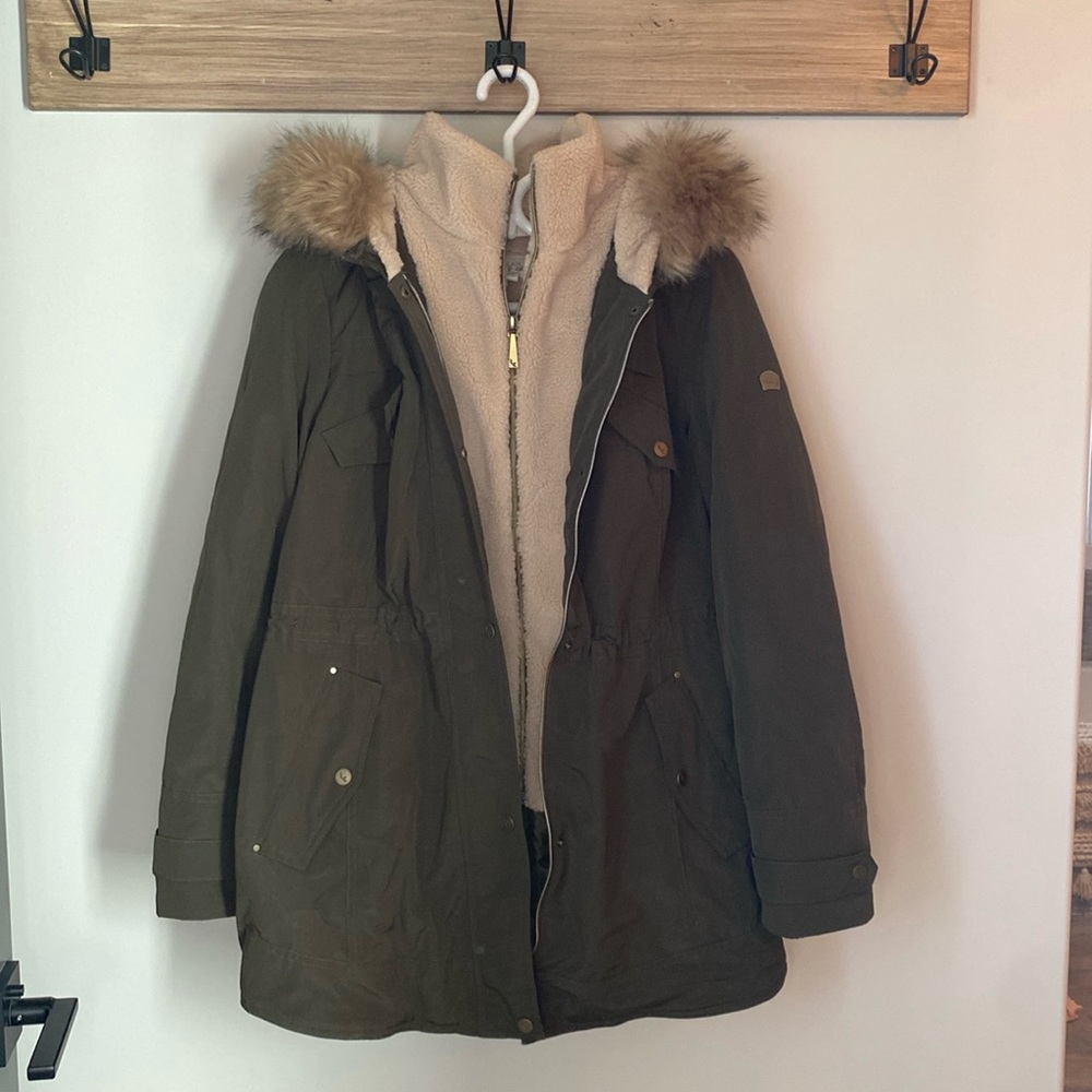 Koolaburra by UGG Faux-Fur Hood Inner-Vest Army Green Puffer Coat